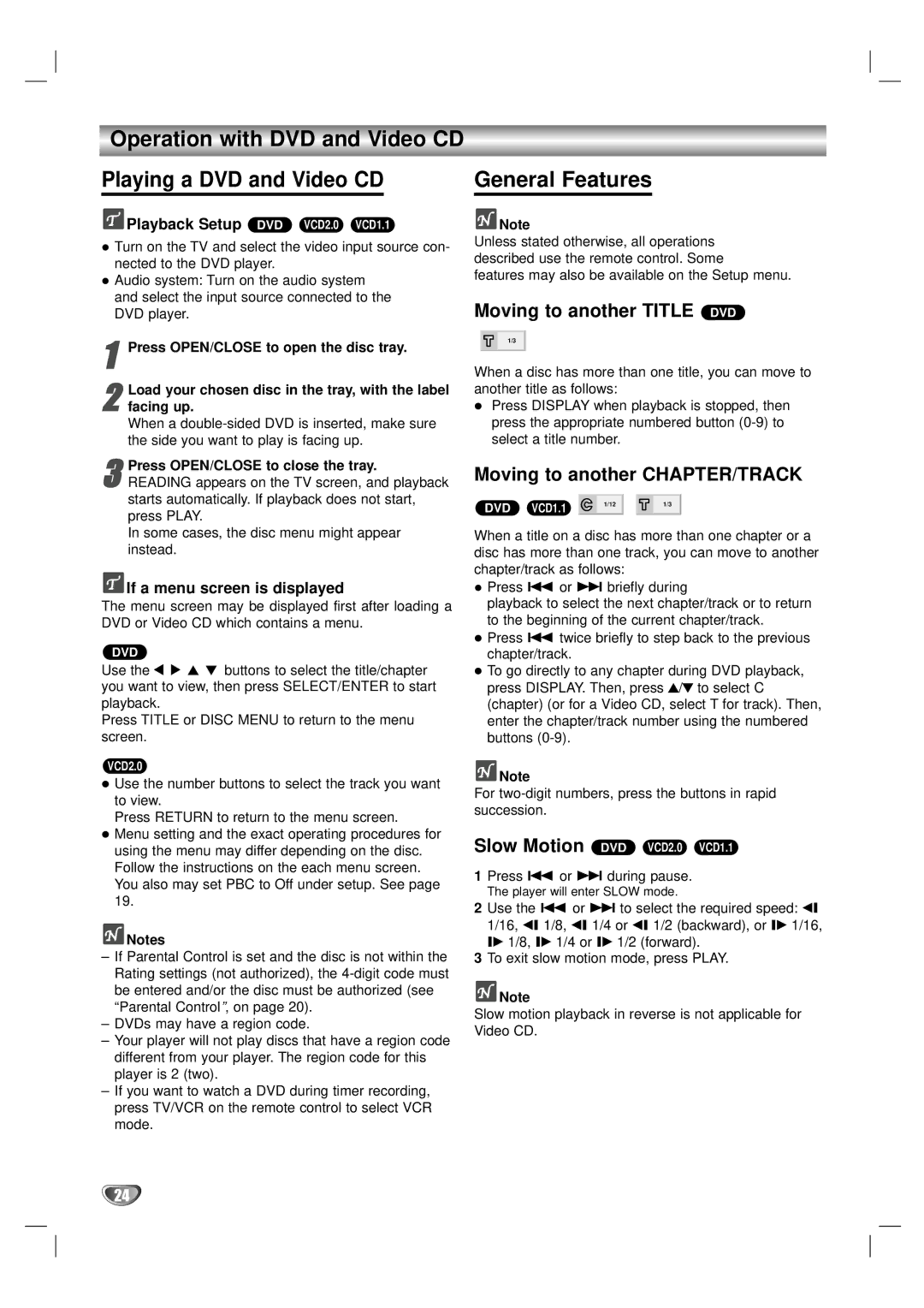 LG Electronics DV1000 owner manual Operation with DVD and Video CD Playing a DVD and Video CD, Moving to another Title DVD 