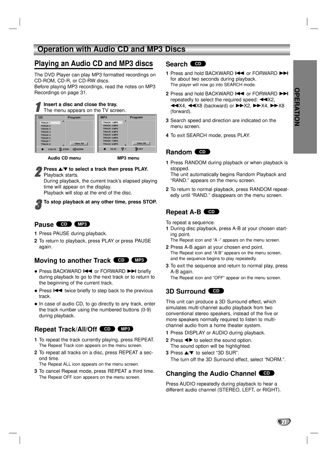 LG Electronics DV1000 owner manual Operation with Audio CD and MP3 Discs 