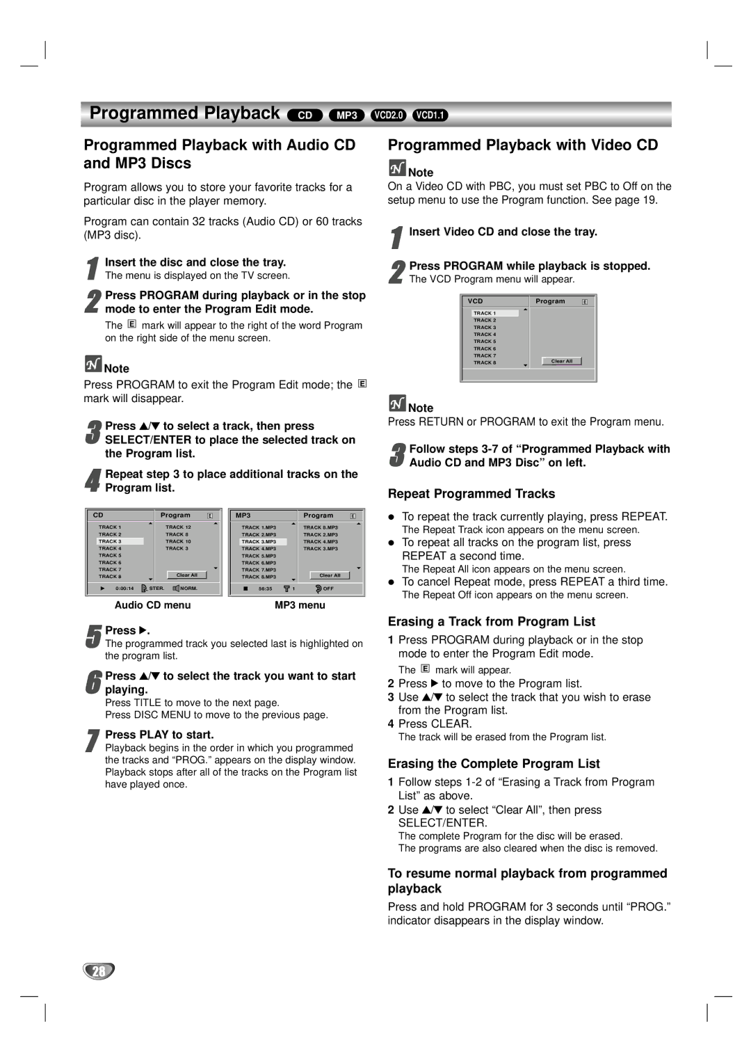 LG Electronics DV1000 owner manual Programmed Playback CD MP3, Programmed Playback with Audio CD and MP3 Discs 