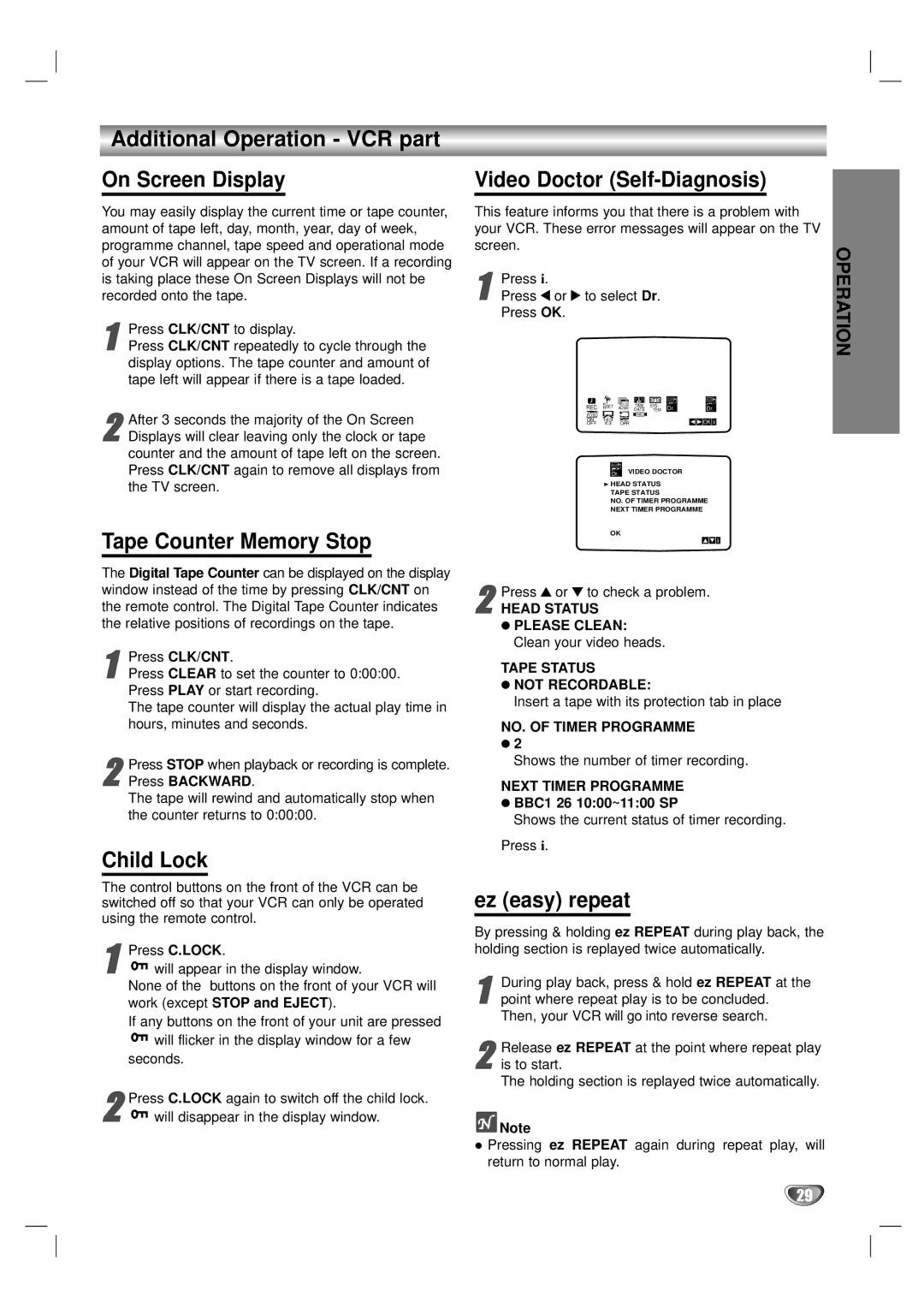 LG Electronics DV1000 owner manual Additional Operation VCR part On Screen Display, Tape Counter Memory Stop, Child Lock 