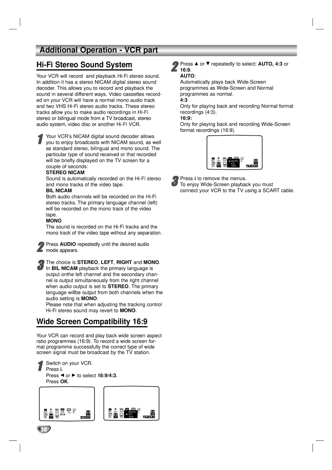 LG Electronics DV1000 owner manual Additional Operation VCR part Hi-Fi Stereo Sound System, Wide Screen Compatibility 