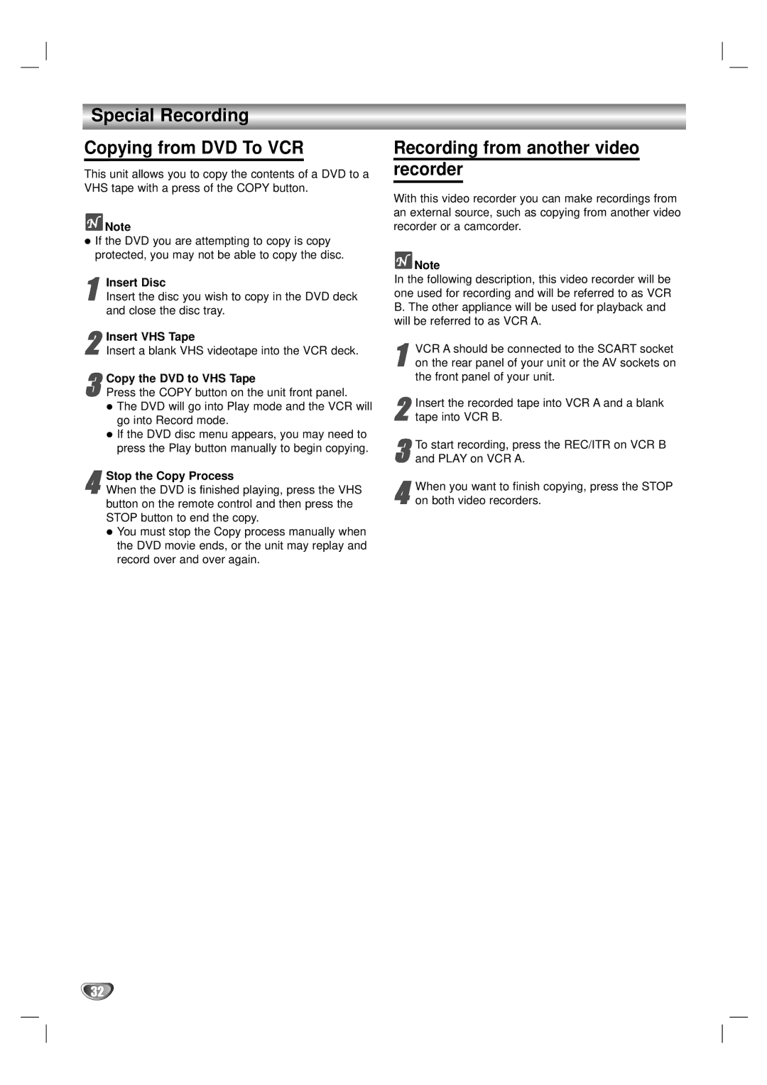 LG Electronics DV1000 owner manual Special Recording Copying from DVD To VCR, Recording from another video recorder 