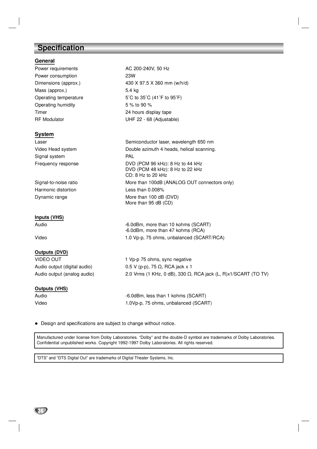 LG Electronics DV1000 owner manual Specification, General, System 