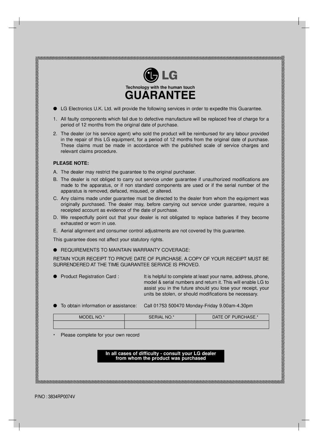 LG Electronics DV1000 owner manual Please Note, Dealer may restrict the guarantee to the original purchaser, No 3834RP0074V 