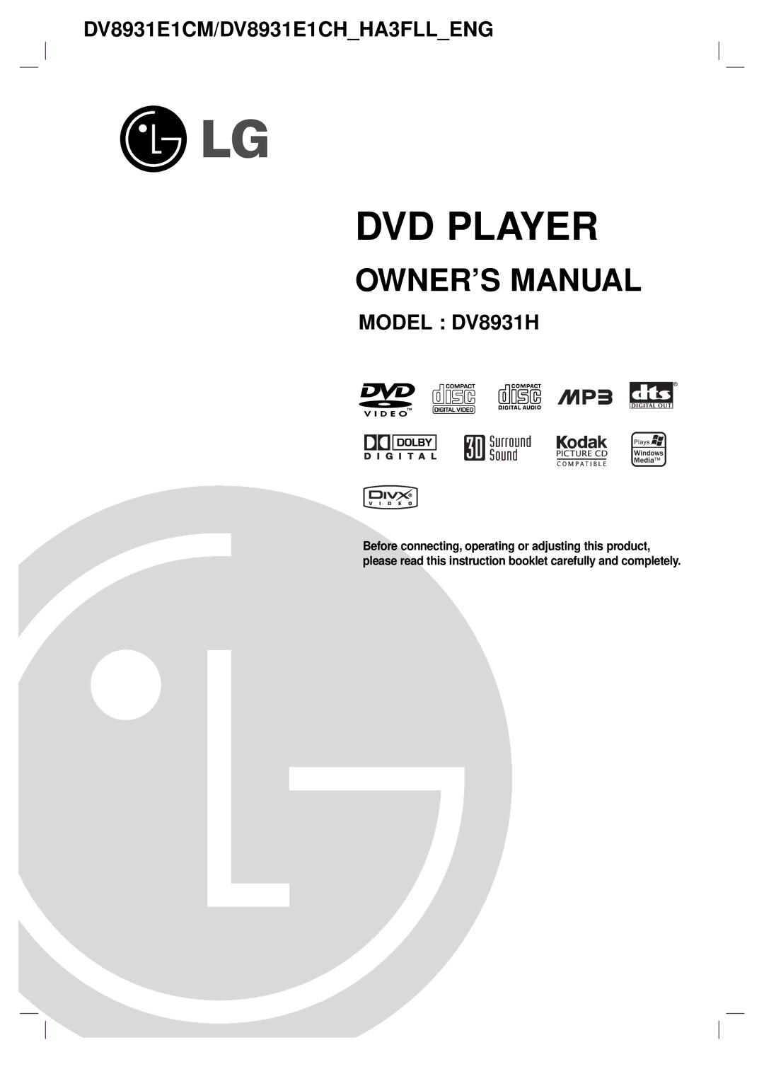 LG Electronics DV8931H owner manual DVD Player 