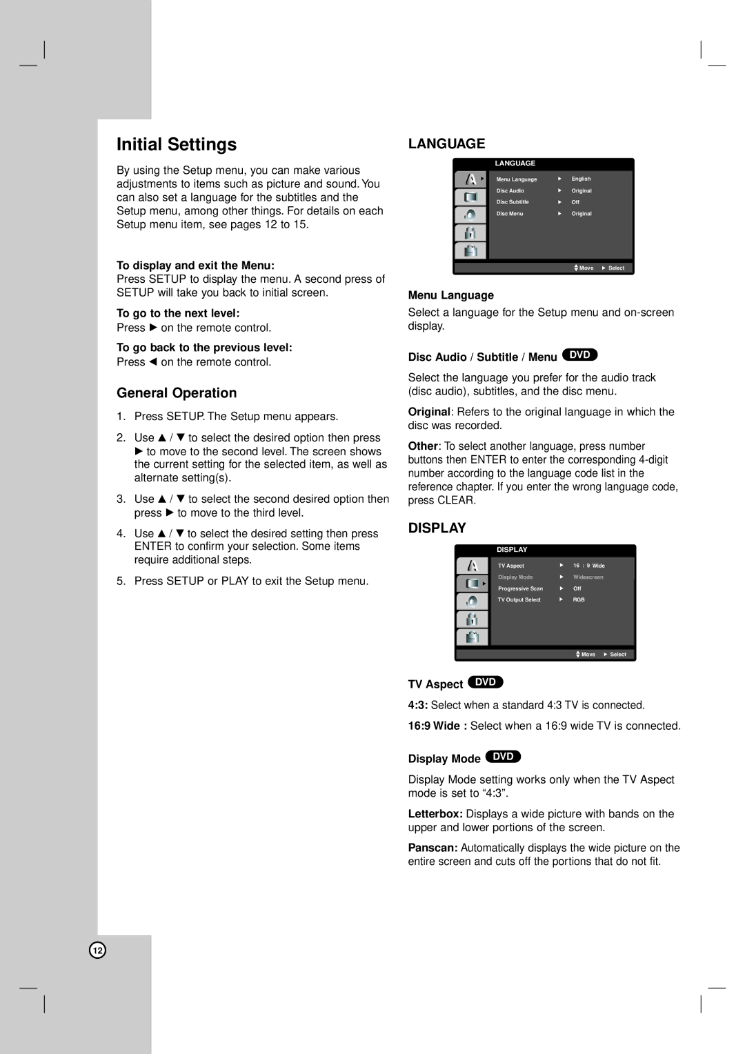 LG Electronics DV8931H owner manual Initial Settings, General Operation 