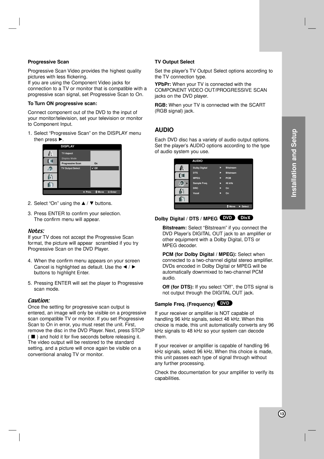 LG Electronics DV8931H Progressive Scan, To Turn on progressive scan, TV Output Select, Sample Freq. Frequency DVD 