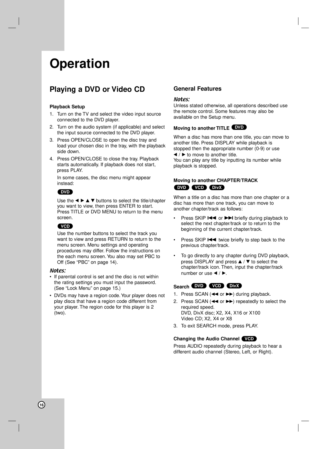 LG Electronics DV8931H owner manual Operation, Playing a DVD or Video CD, General Features 