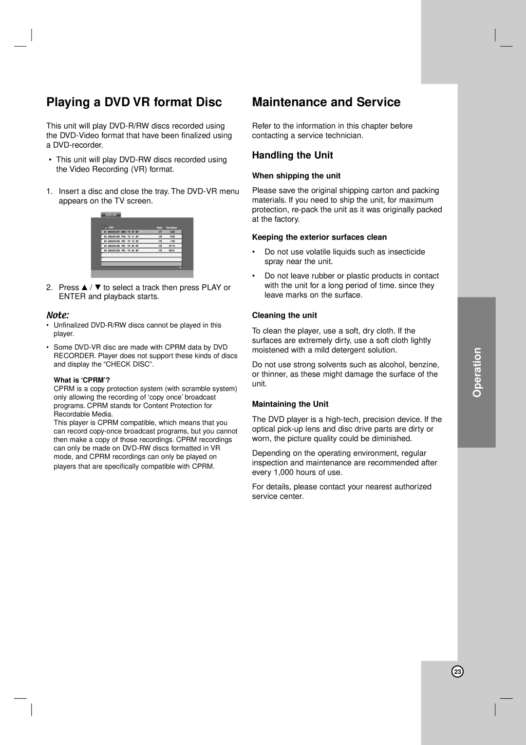 LG Electronics DV8931H owner manual Playing a DVD VR format Disc, Maintenance and Service, Handling the Unit 