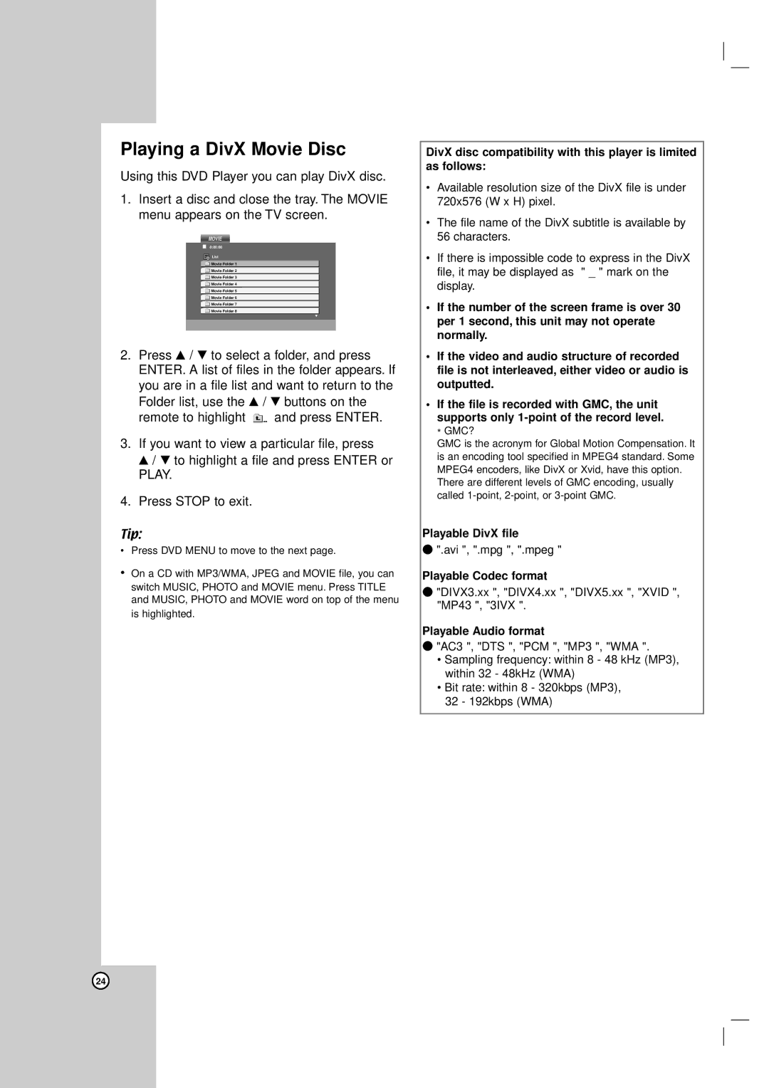 LG Electronics DV8931H Playing a DivX Movie Disc, Playable DivX file, Playable Codec format, Playable Audio format 