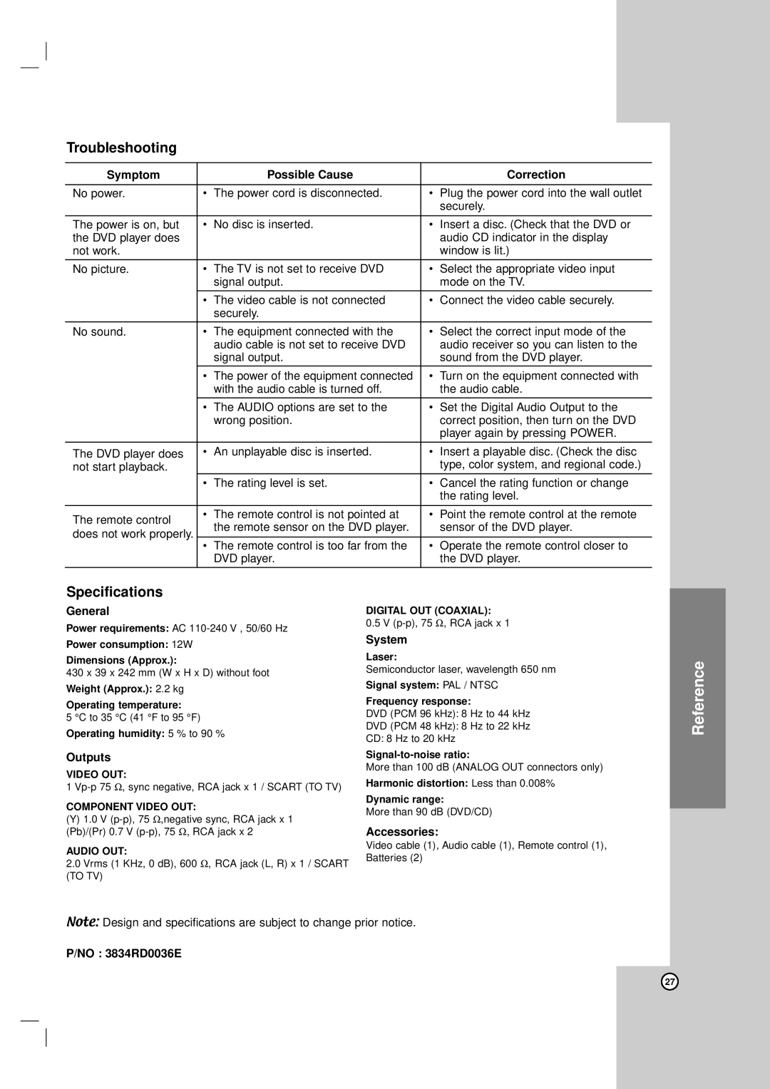 LG Electronics DV8931H owner manual Troubleshooting, Specifications 