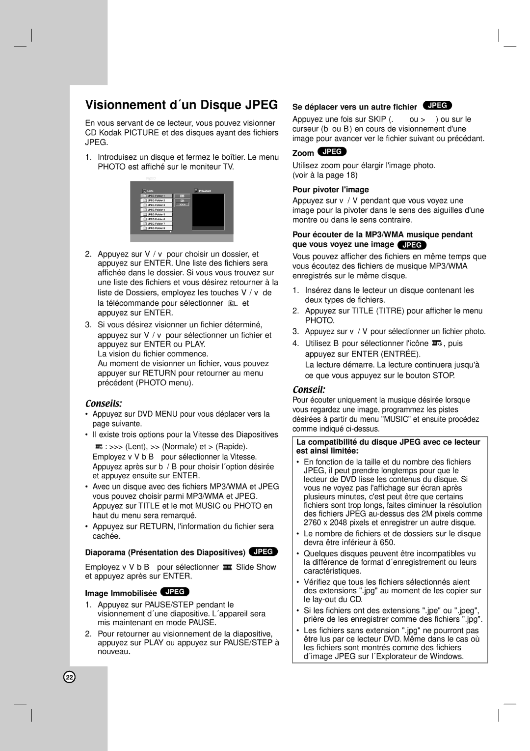 LG Electronics DV8931H Visionnement d´un Disque Jpeg, Diaporama Présentation des Diapositives Jpeg, Image Immobilisée Jpeg 