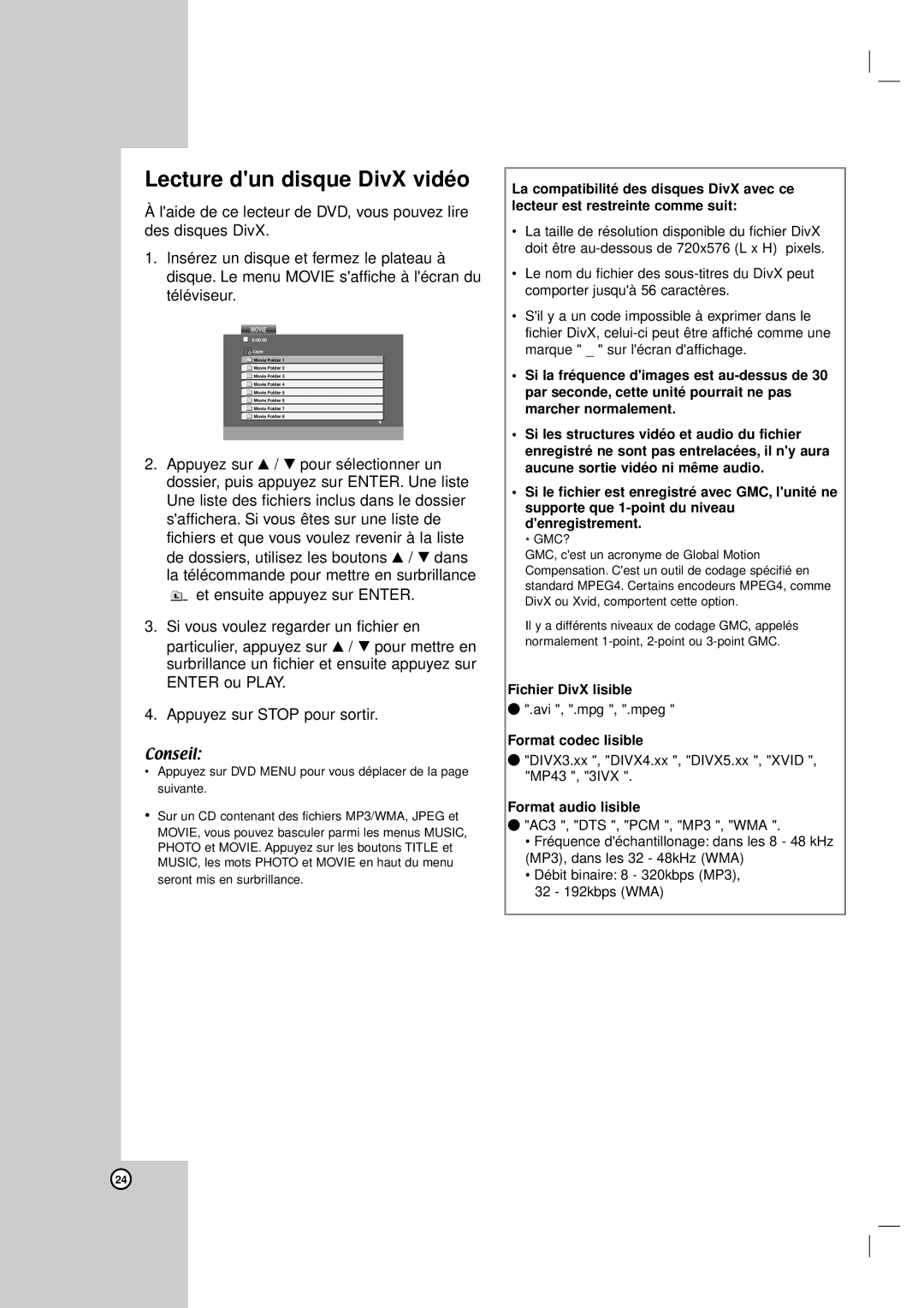 LG Electronics DV8931H Lecture dun disque DivX vidéo, Fichier DivX lisible, Format codec lisible, Format audio lisible 