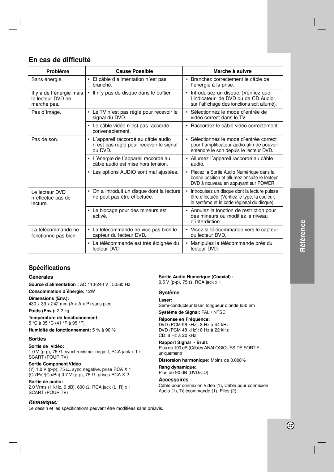 LG Electronics DV8931H owner manual Spécifications 