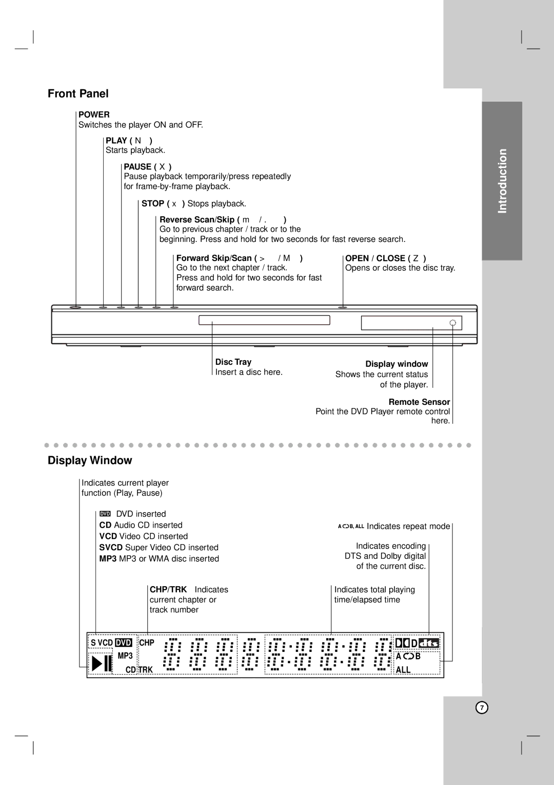 LG Electronics DV8931H owner manual Power, Pause, Open / Close Z, VCD DVD CHP MP3 CD TRK ALL 