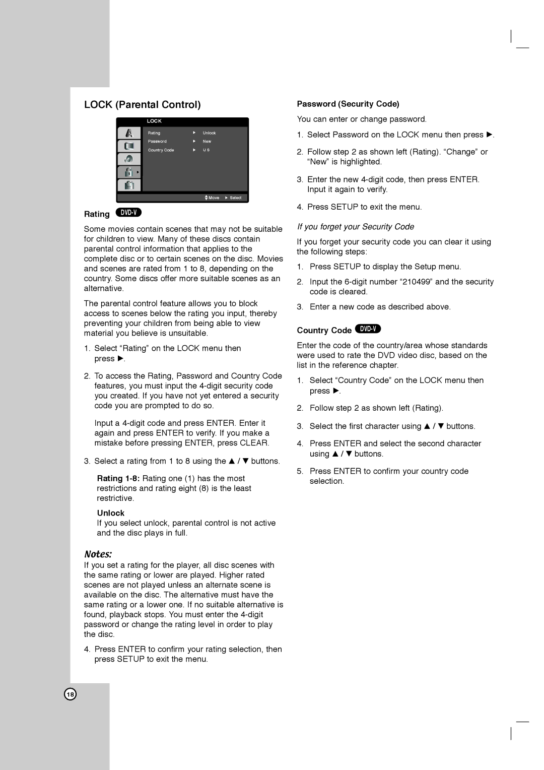 LG Electronics DVB418 owner manual Lock Parental Control, Rating DVD-V, Unlock, Password Security Code, Country Code DVD-V 