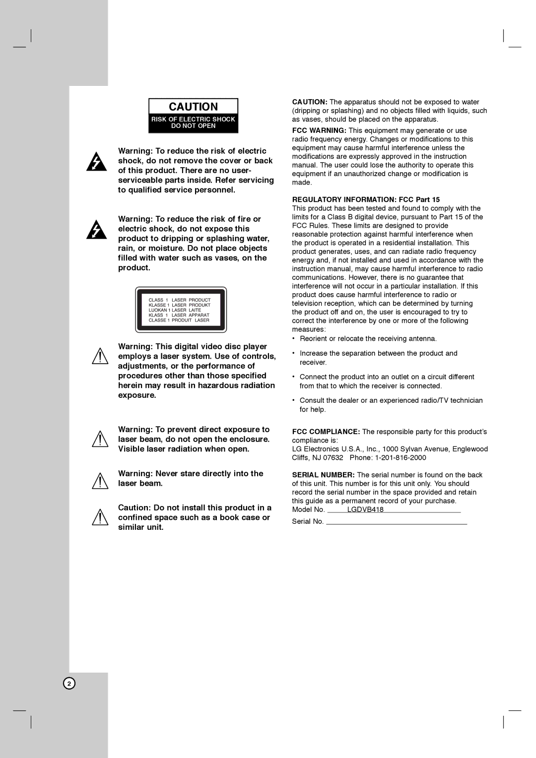 LG Electronics DVB418 owner manual Regulatory Information FCC Part 