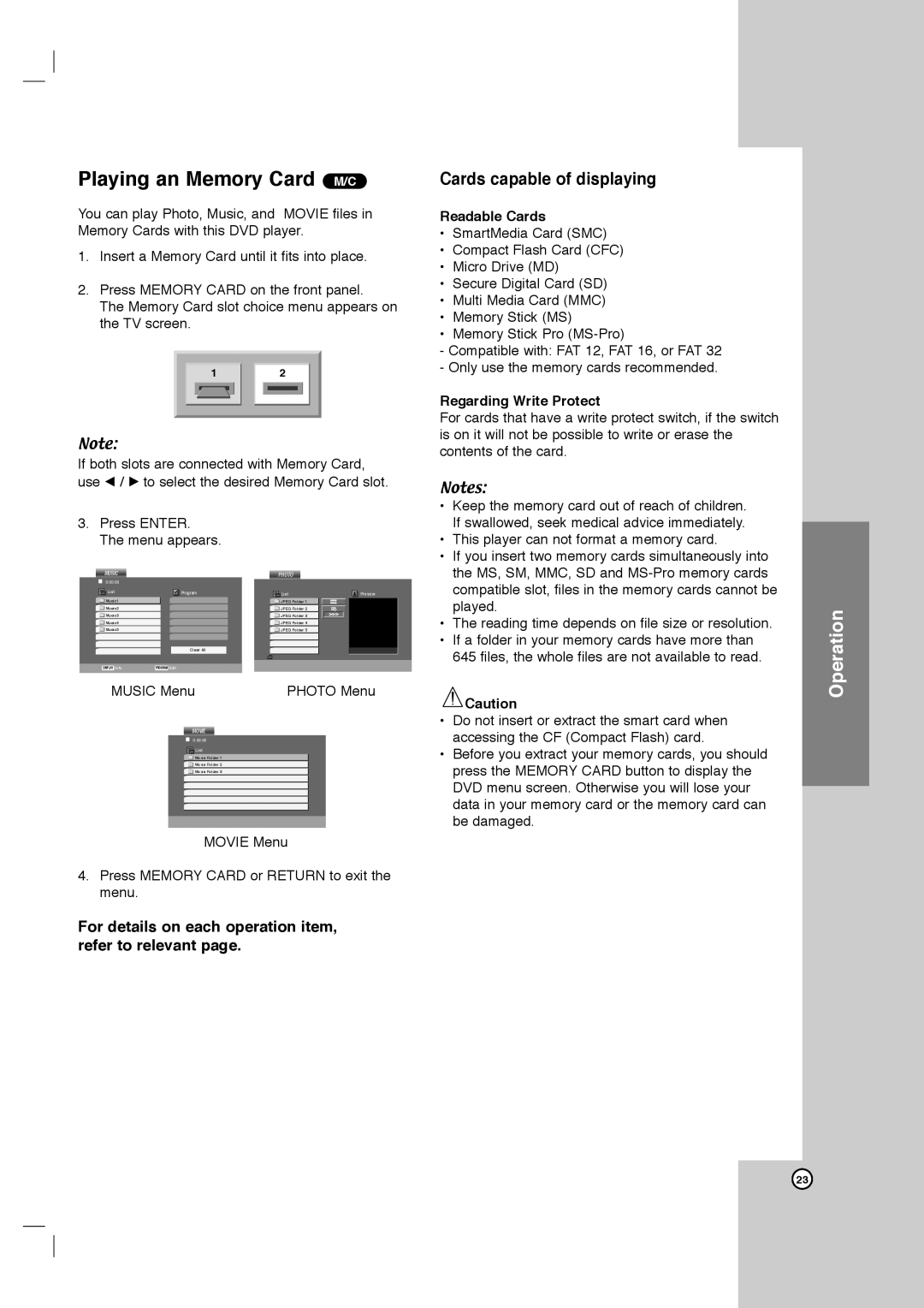 LG Electronics DVB418 owner manual Cards capable of displaying, Readable Cards, Regarding Write Protect 