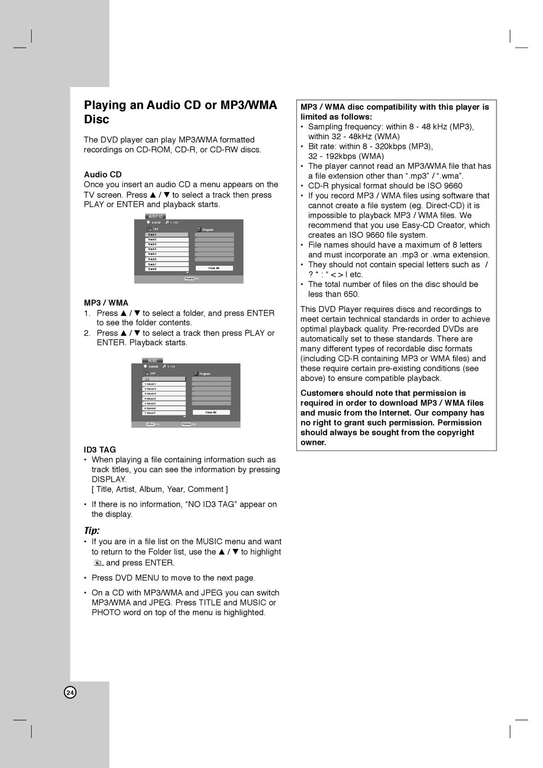 LG Electronics DVB418 owner manual Audio CD, MP3 / WMA, ID3 TAG 