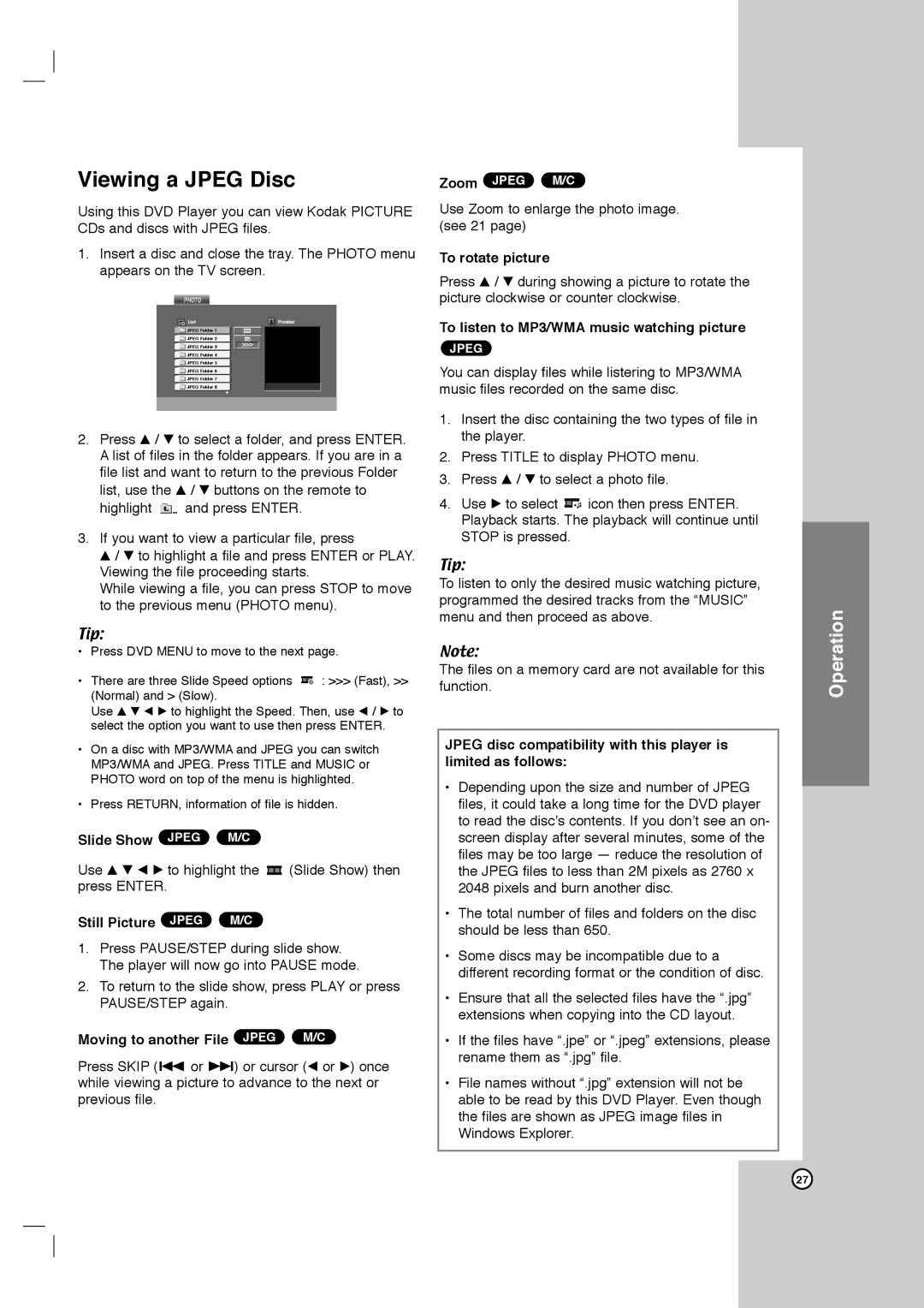 LG Electronics DVB418 owner manual Viewing a Jpeg Disc, Slide Show Jpeg M/C, To rotate picture 