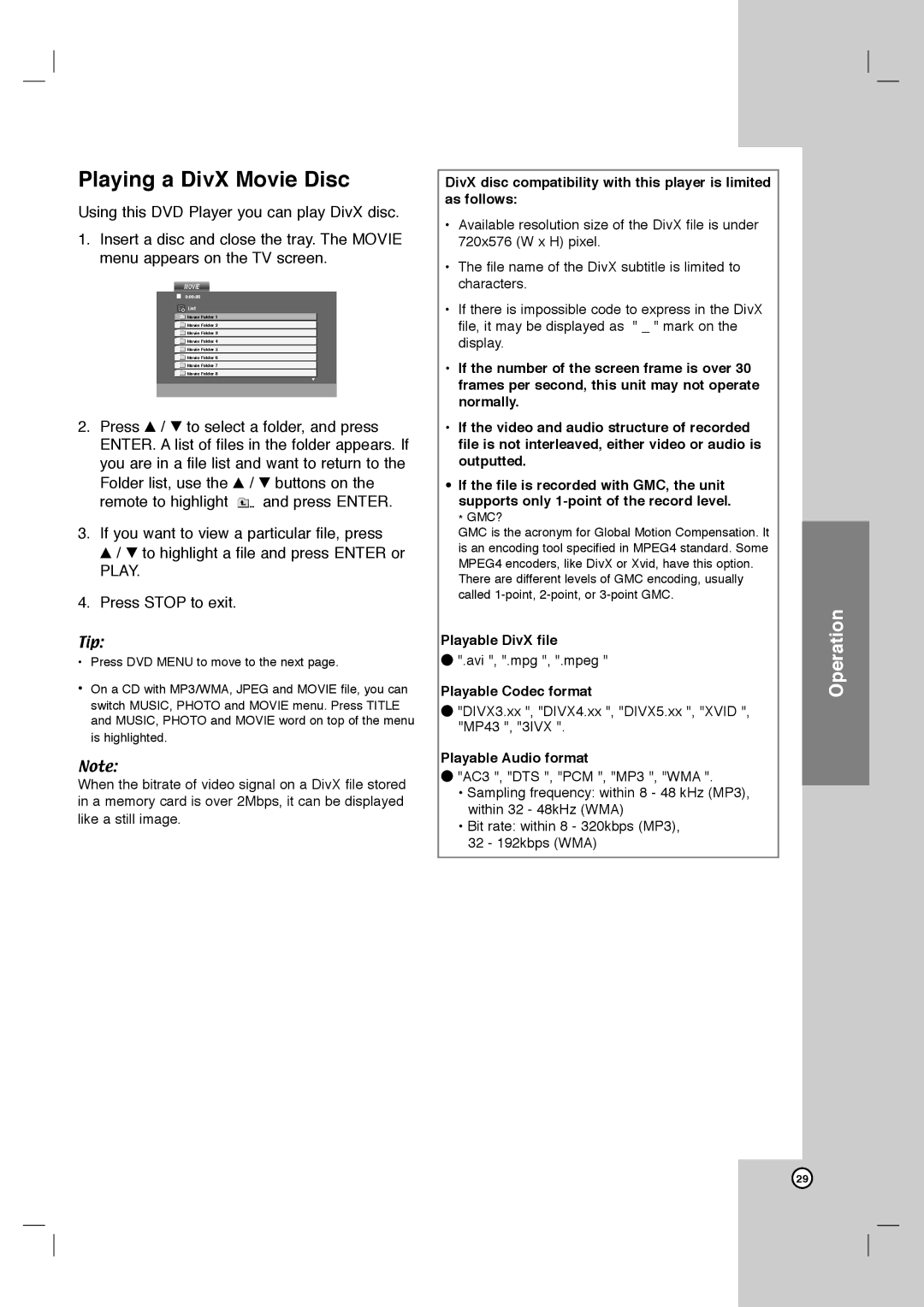 LG Electronics DVB418 Playing a DivX Movie Disc, Playable DivX file, Playable Codec format, Playable Audio format 