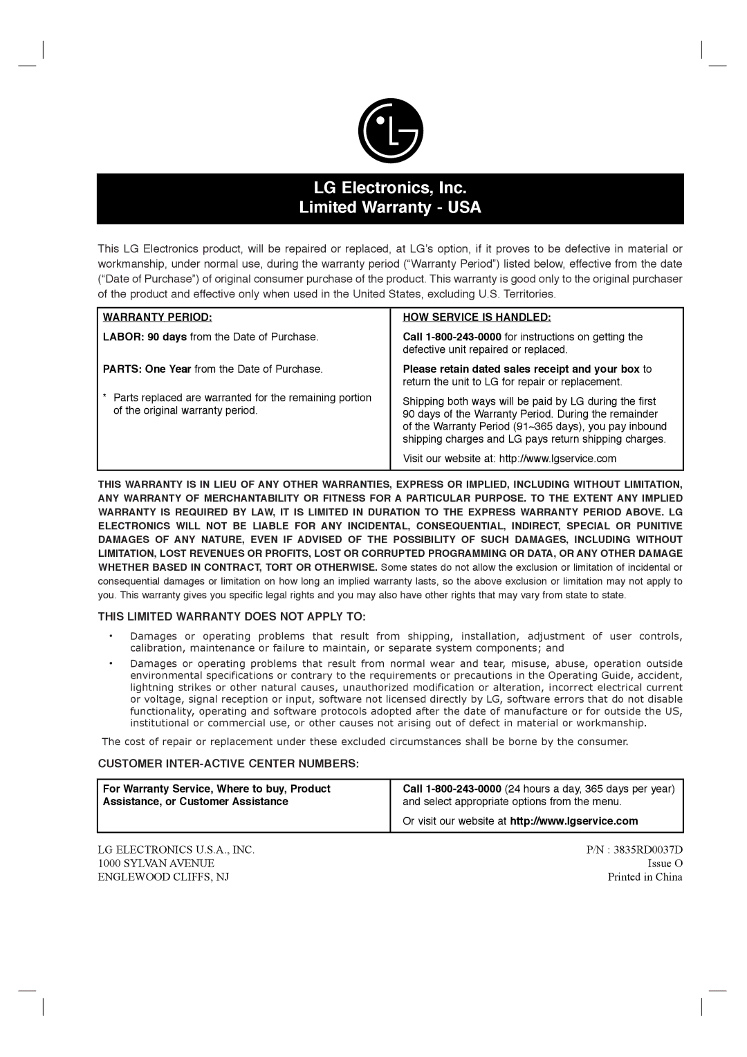 LG Electronics DVB418 owner manual This Limited Warranty does not Apply to, Customer INTER-ACTIVE Center Numbers 