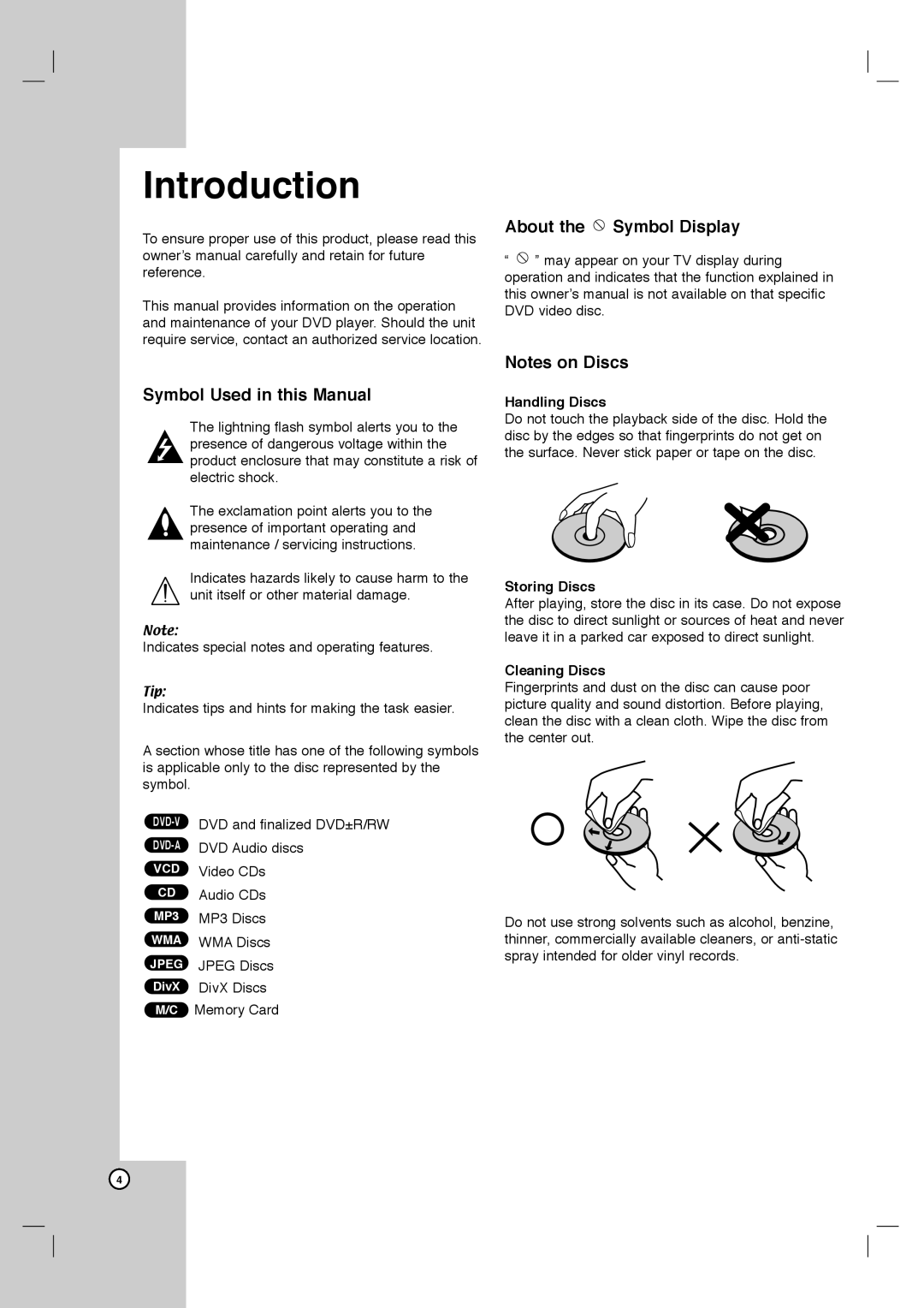 LG Electronics DVB418 Symbol Used in this Manual, About the Symbol Display, Handling Discs, Storing Discs, Cleaning Discs 