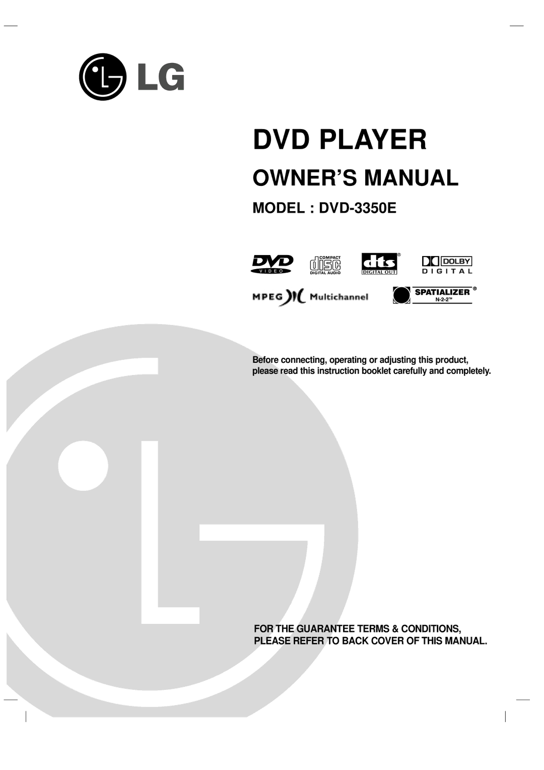 LG Electronics DVD-3350E owner manual DVD Player 