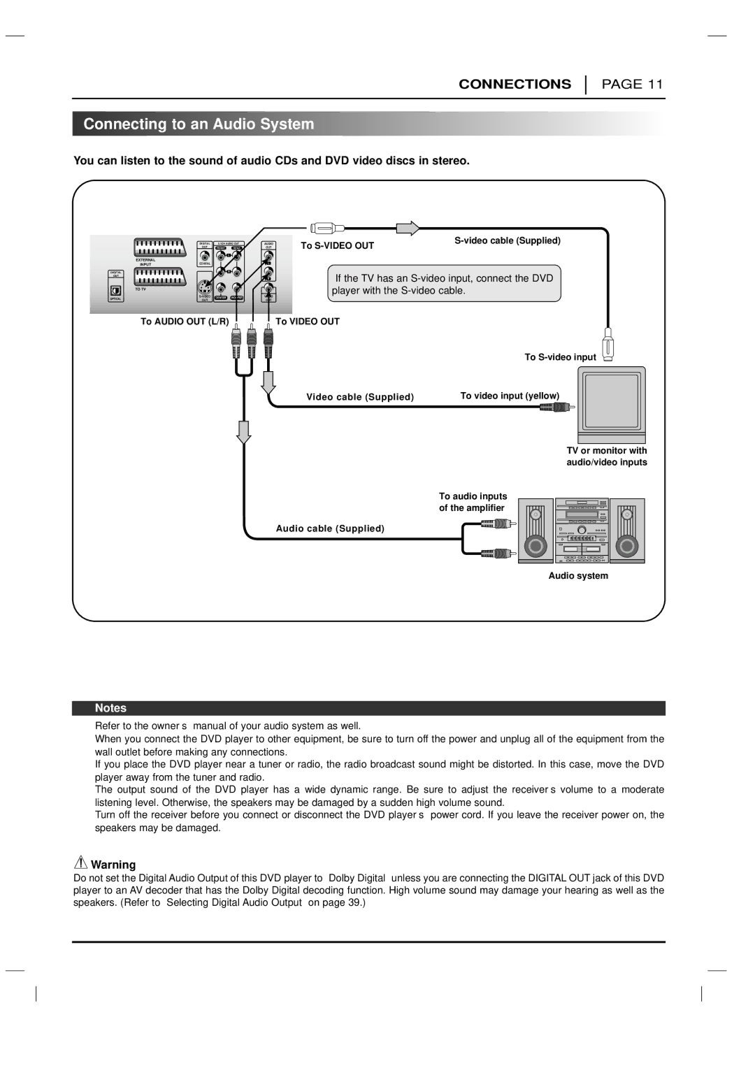 LG Electronics DVD-3350E owner manual Connecting to an Audio System 