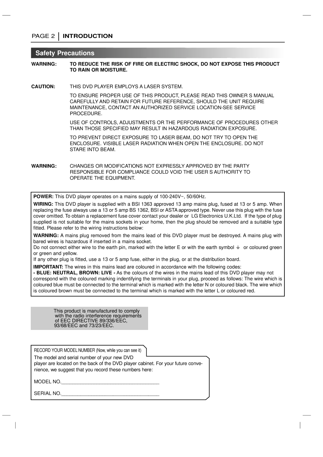 LG Electronics DVD-3350E owner manual Safety Precautions, To Rain or Moisture 