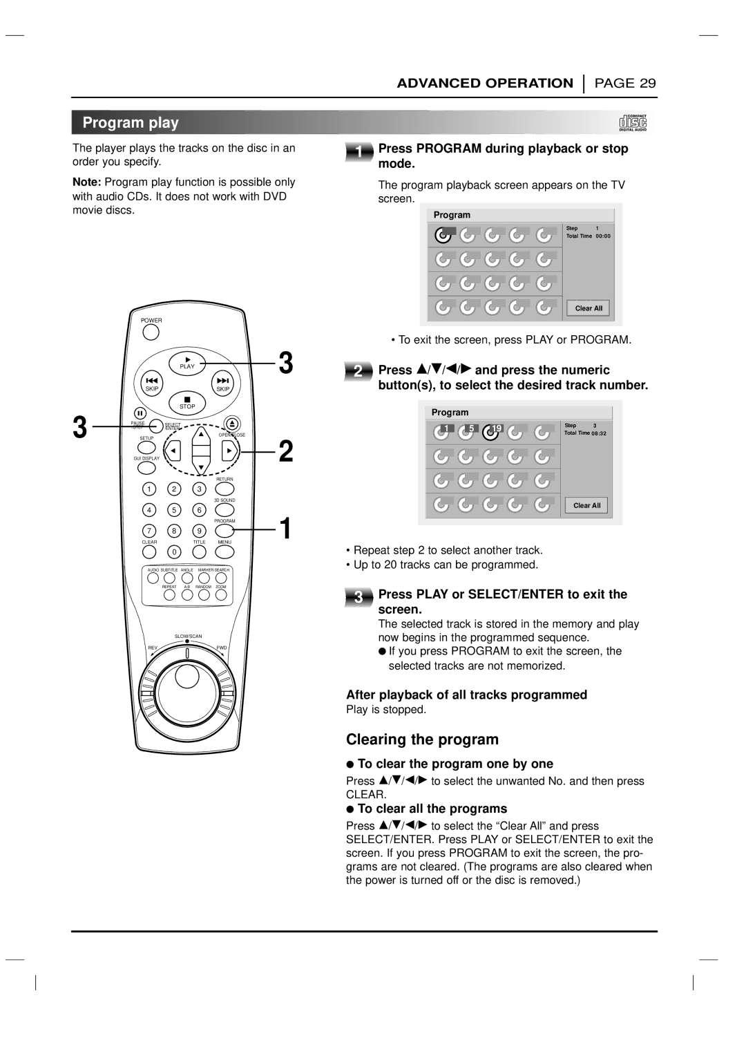 LG Electronics DVD-3350E owner manual Program play, Clearing the program 