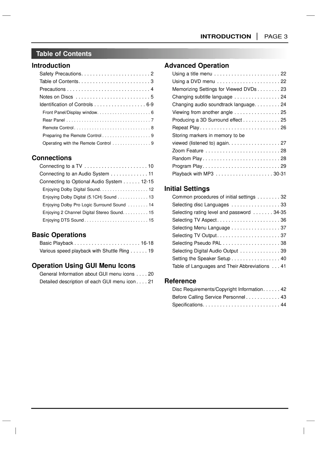 LG Electronics DVD-3350E owner manual Table of Contents 