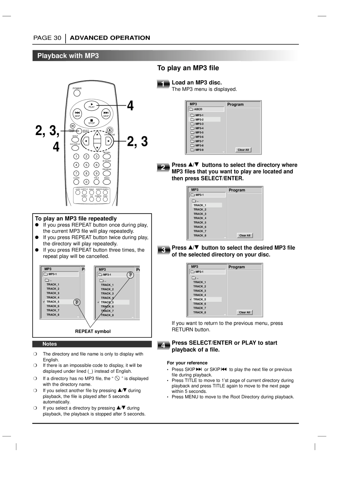 LG Electronics DVD-3350E owner manual Playback with MP3 To play an MP3 file 