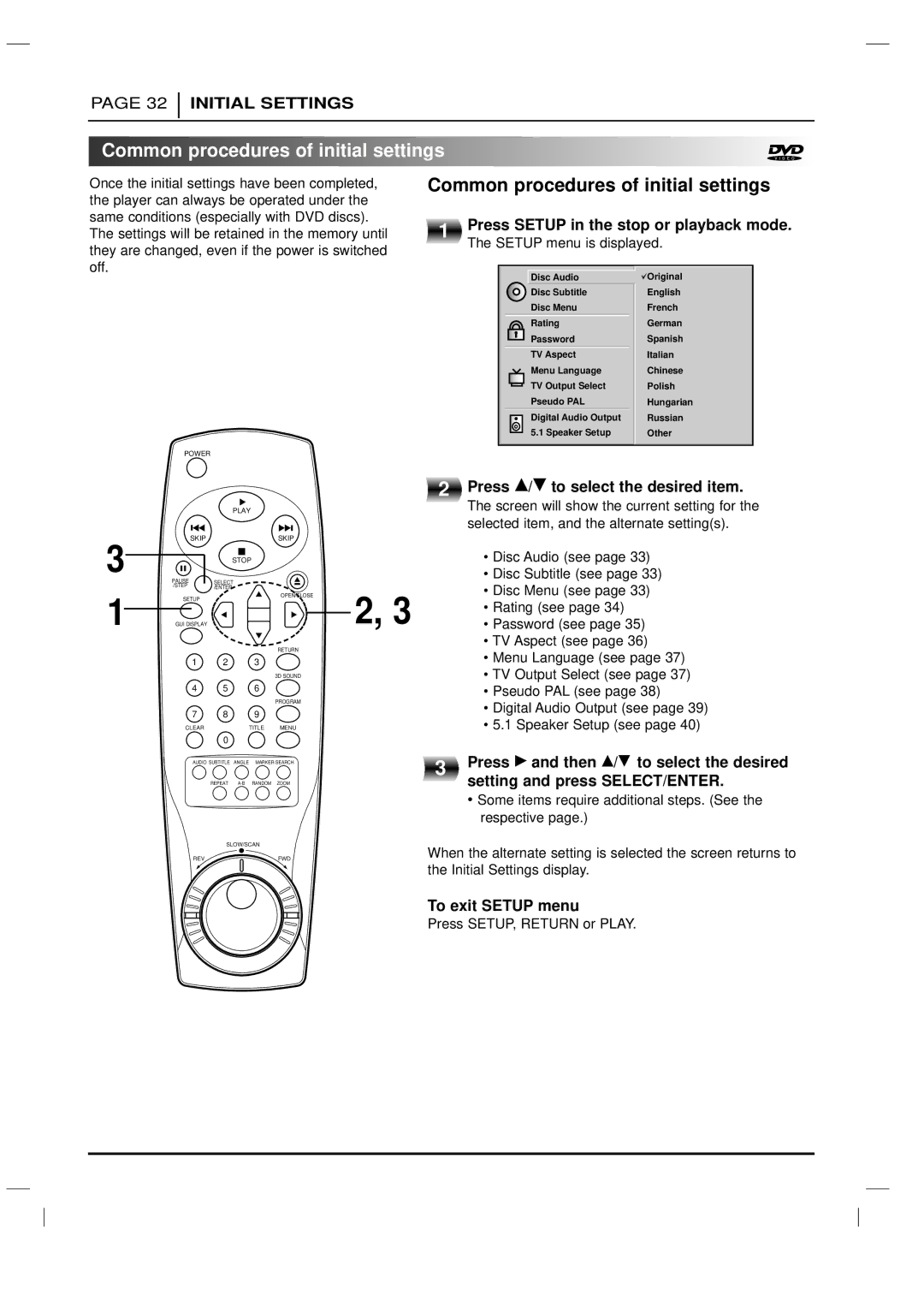 LG Electronics DVD-3350E owner manual Common procedures of initial settings 