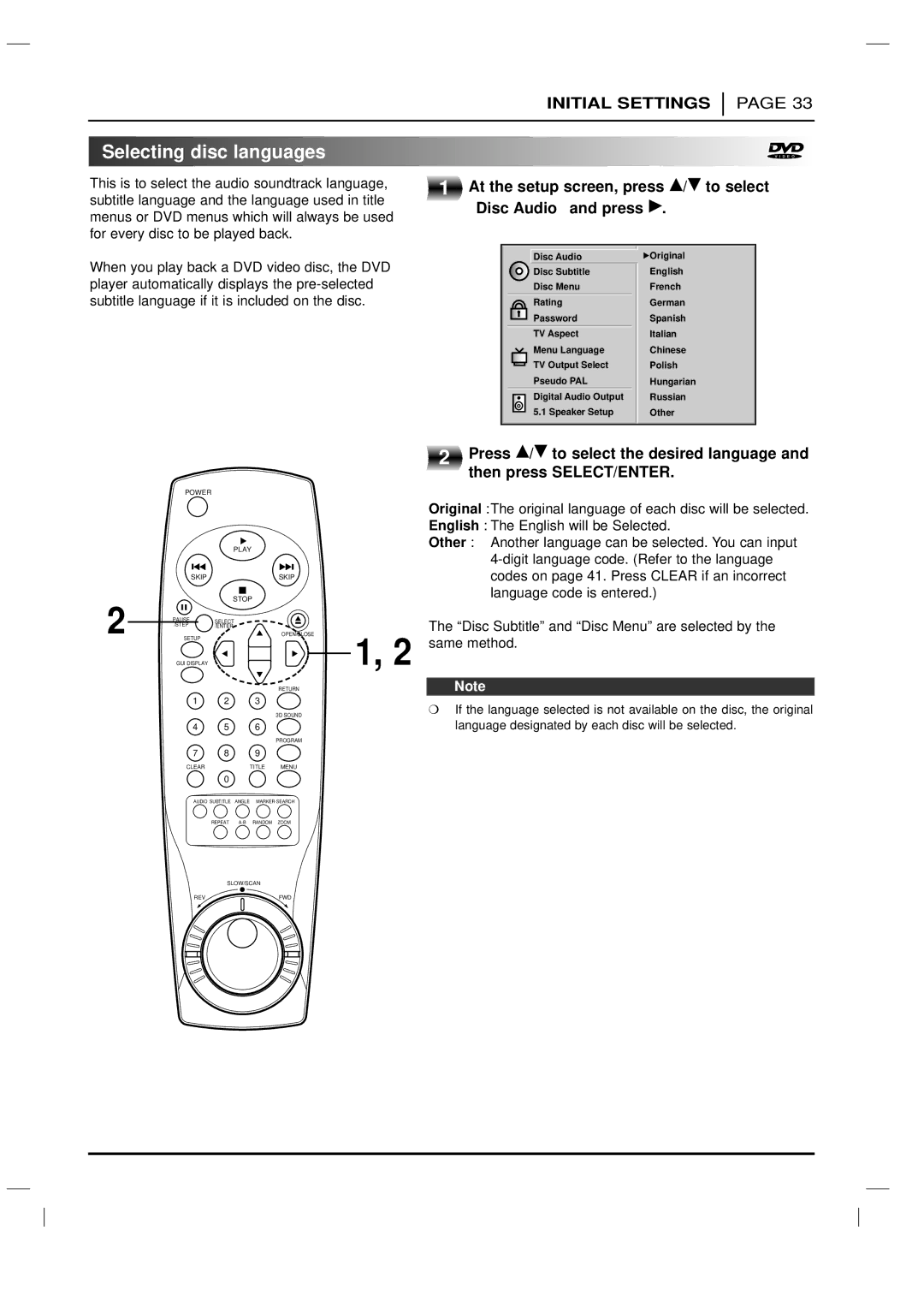 LG Electronics DVD-3350E owner manual Selecting disc languages, Disc Subtitle and Disc Menu are selected by, Same method 