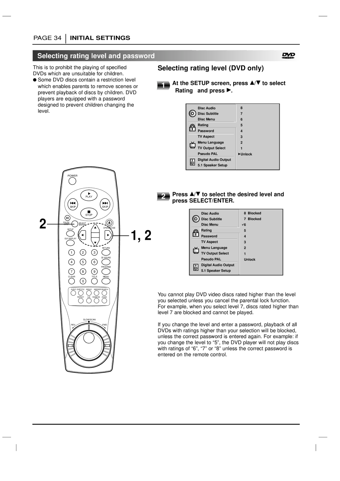 LG Electronics DVD-3350E Selecting rating level and password, Selecting rating level DVD only, Rating and press G 