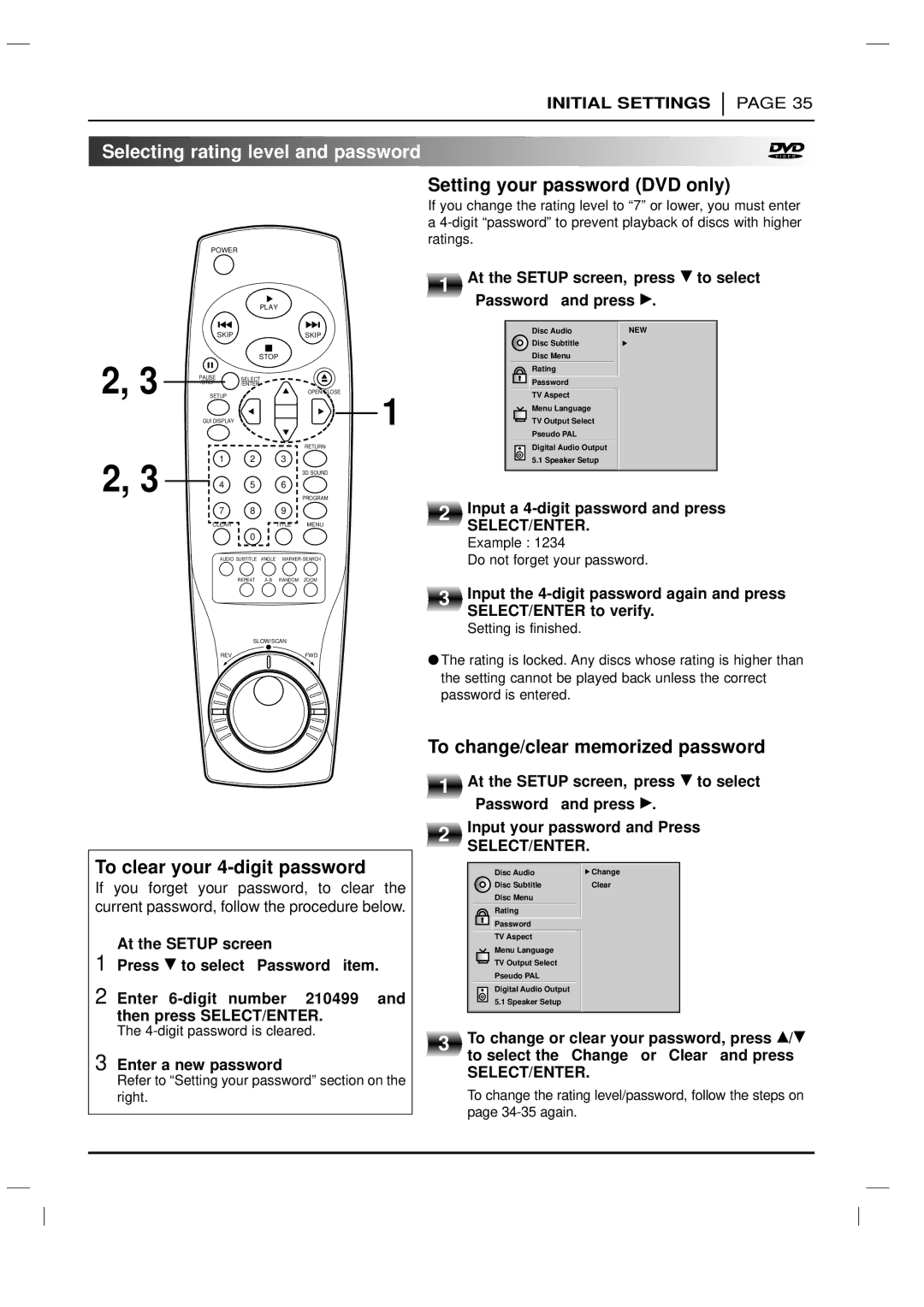 LG Electronics DVD-3350E owner manual To clear your 4-digit password, To change/clear memorized password 