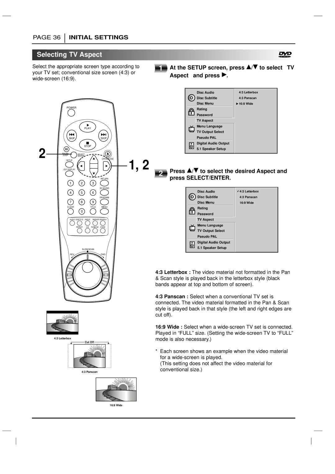 LG Electronics DVD-3350E owner manual Selecting TV Aspect, At the Setup screen, press D/ E to select TV, Aspect and press G 