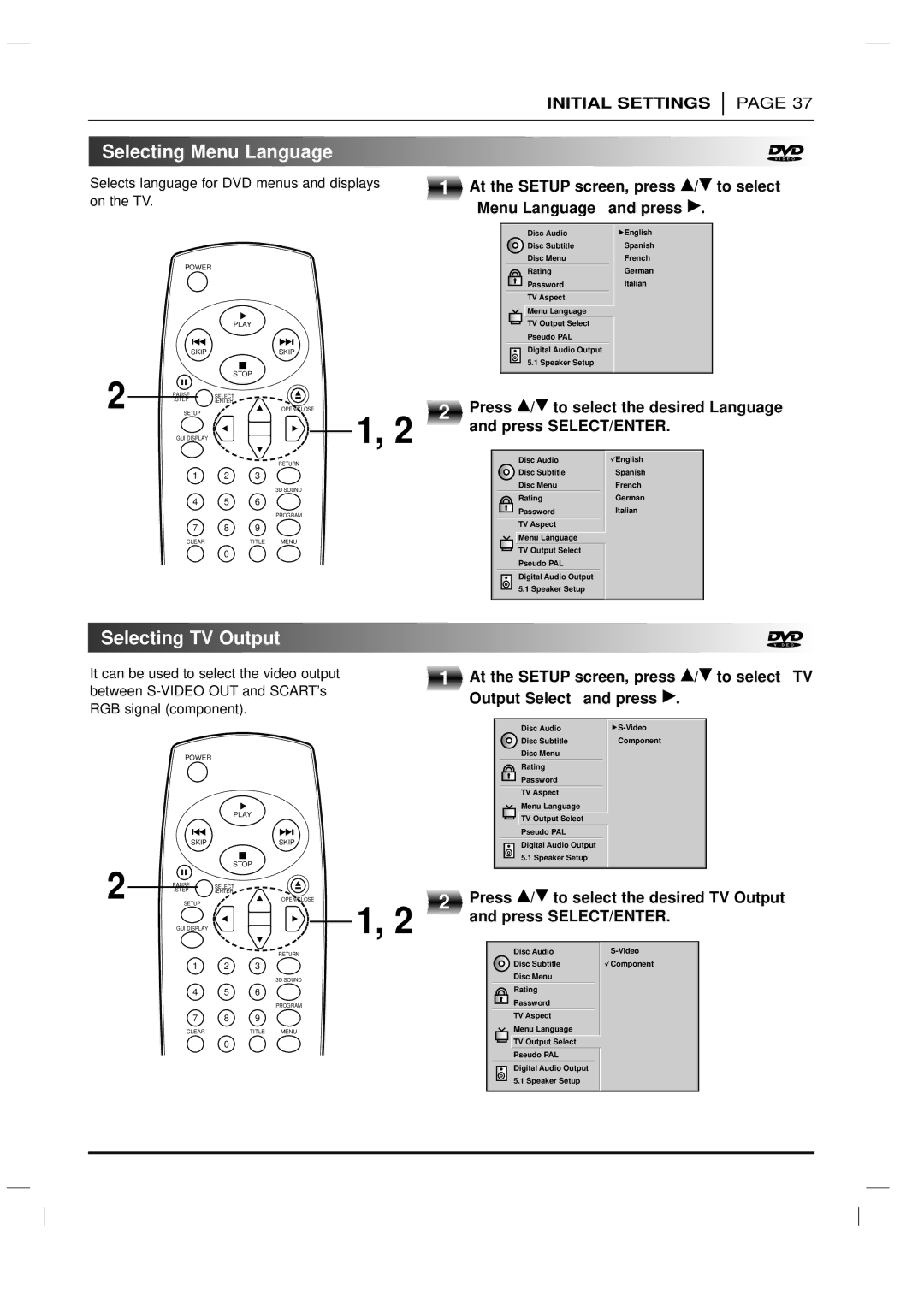 LG Electronics DVD-3350E owner manual Selecting Menu Language, Selecting TV Output 