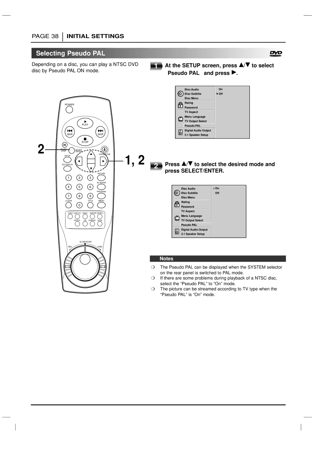 LG Electronics DVD-3350E owner manual Selecting Pseudo PAL, Press D/E to select the desired mode and press SELECT/ENTER 