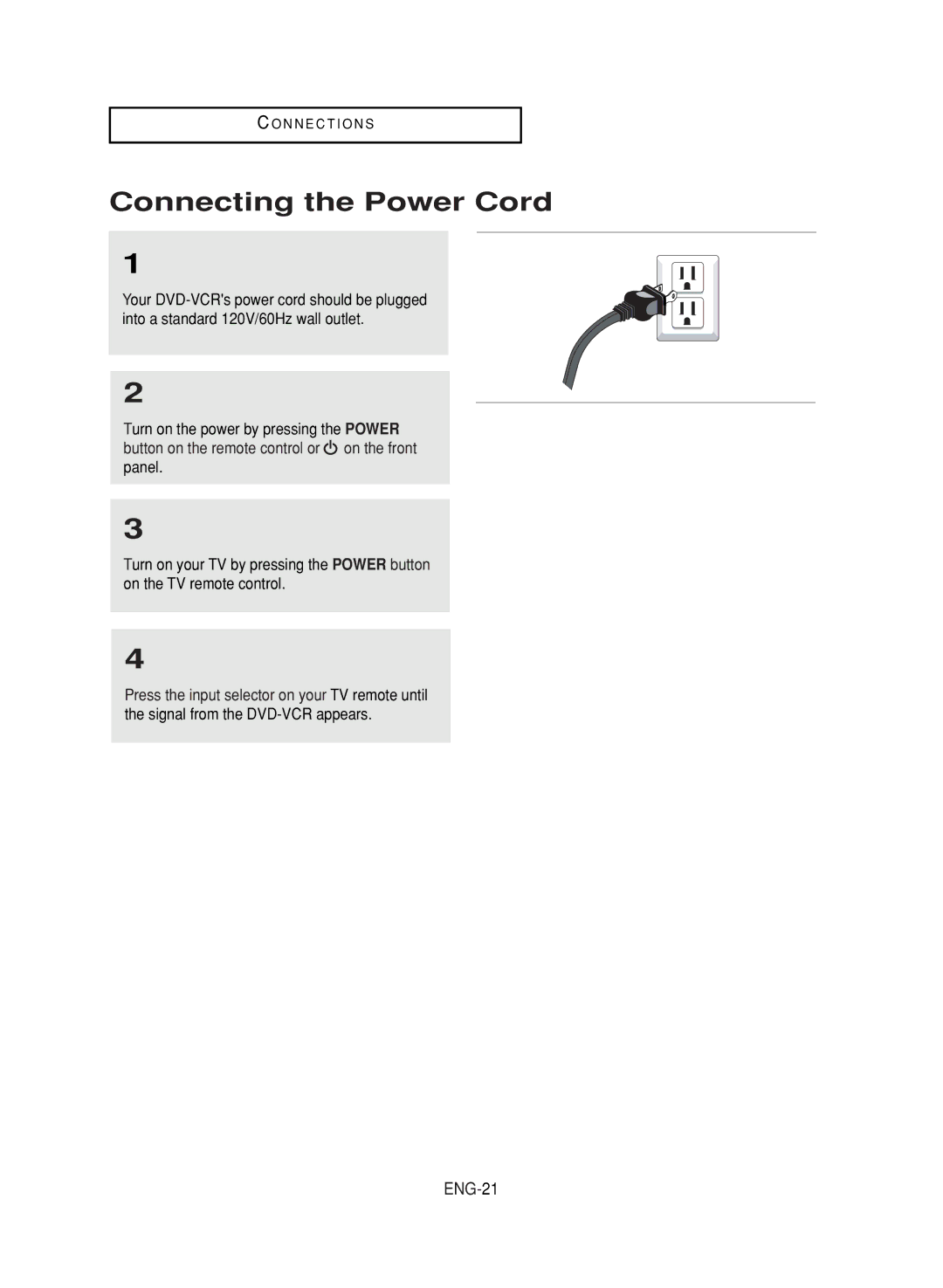 LG Electronics DVD-V9800 instruction manual Connecting the Power Cord, ENG-21 