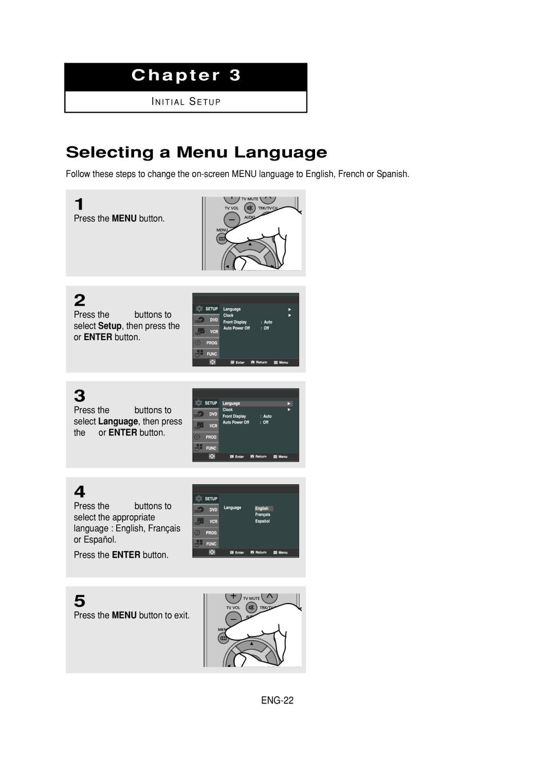 LG Electronics DVD-V9800 instruction manual Selecting a Menu Language, ENG-22 