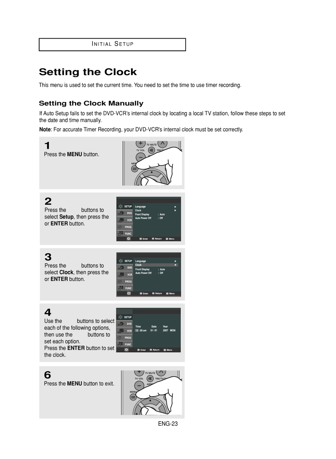 LG Electronics DVD-V9800 instruction manual Setting the Clock Manually, ENG-23 