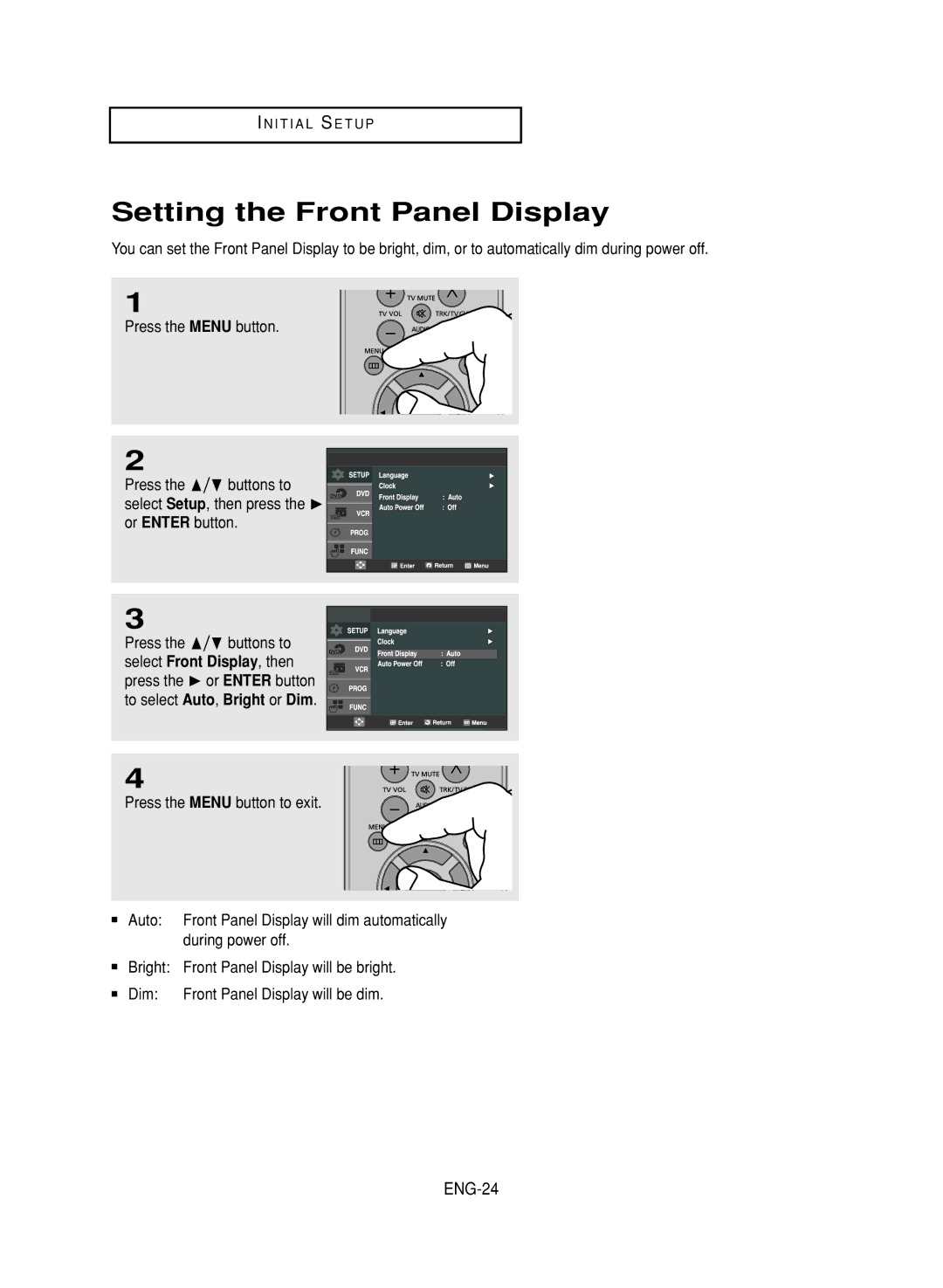 LG Electronics DVD-V9800 instruction manual Setting the Front Panel Display, ENG-24 