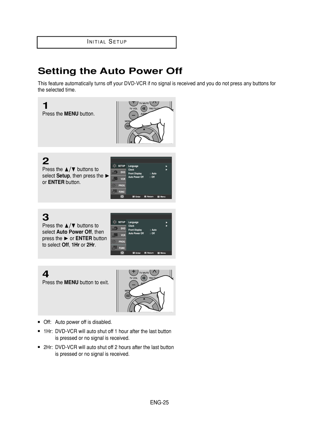 LG Electronics DVD-V9800 instruction manual Setting the Auto Power Off, ENG-25 