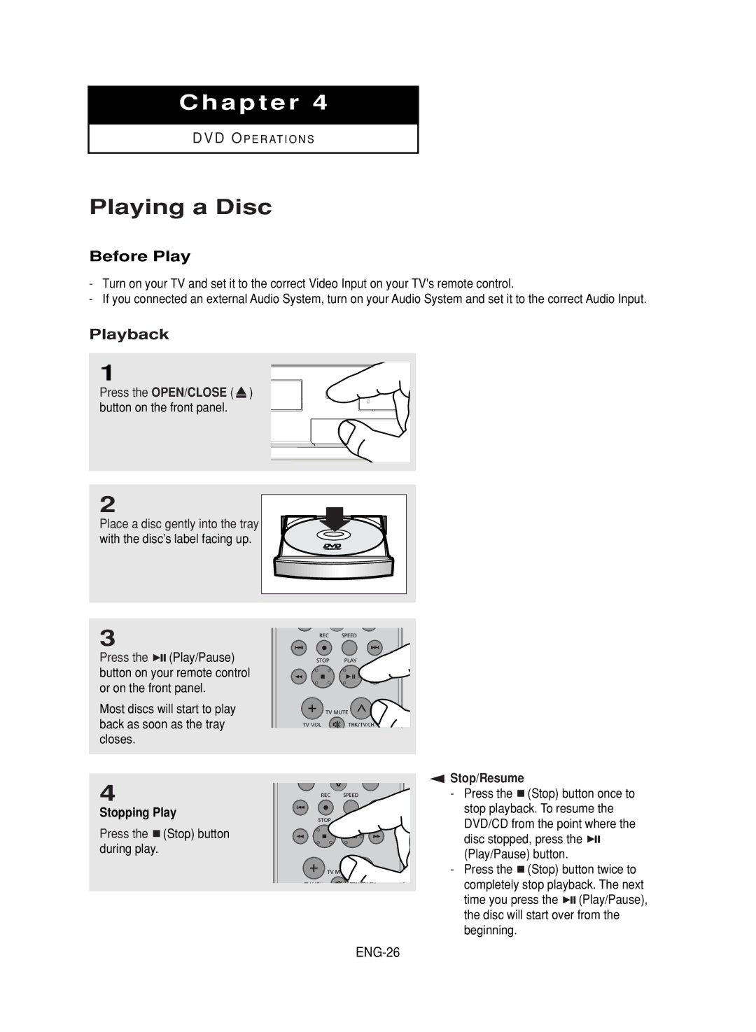 LG Electronics DVD-V9800 instruction manual Playing a Disc, Before Play, Playback, ENG-26 