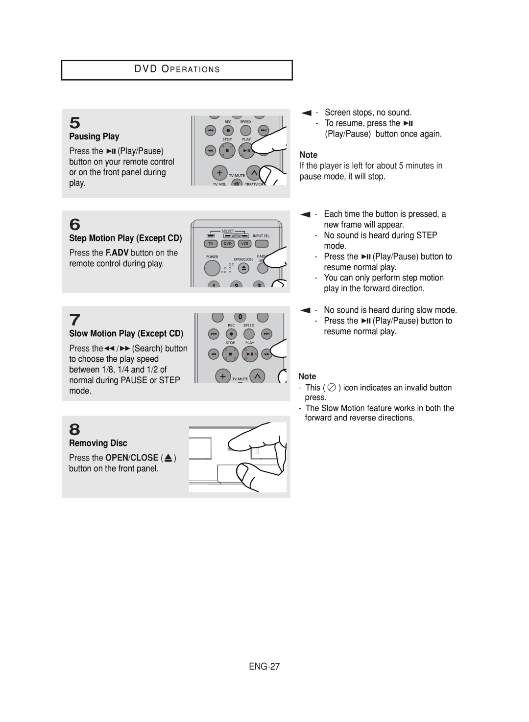 LG Electronics DVD-V9800 ENG-27, Pausing Play, Step Motion Play Except CD, Slow Motion Play Except CD, Removing Disc 