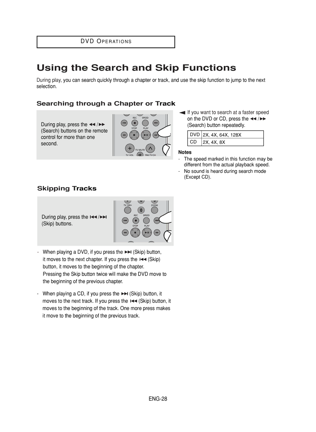 LG Electronics DVD-V9800 Using the Search and Skip Functions, Searching through a Chapter or Track, Skipping Tracks 