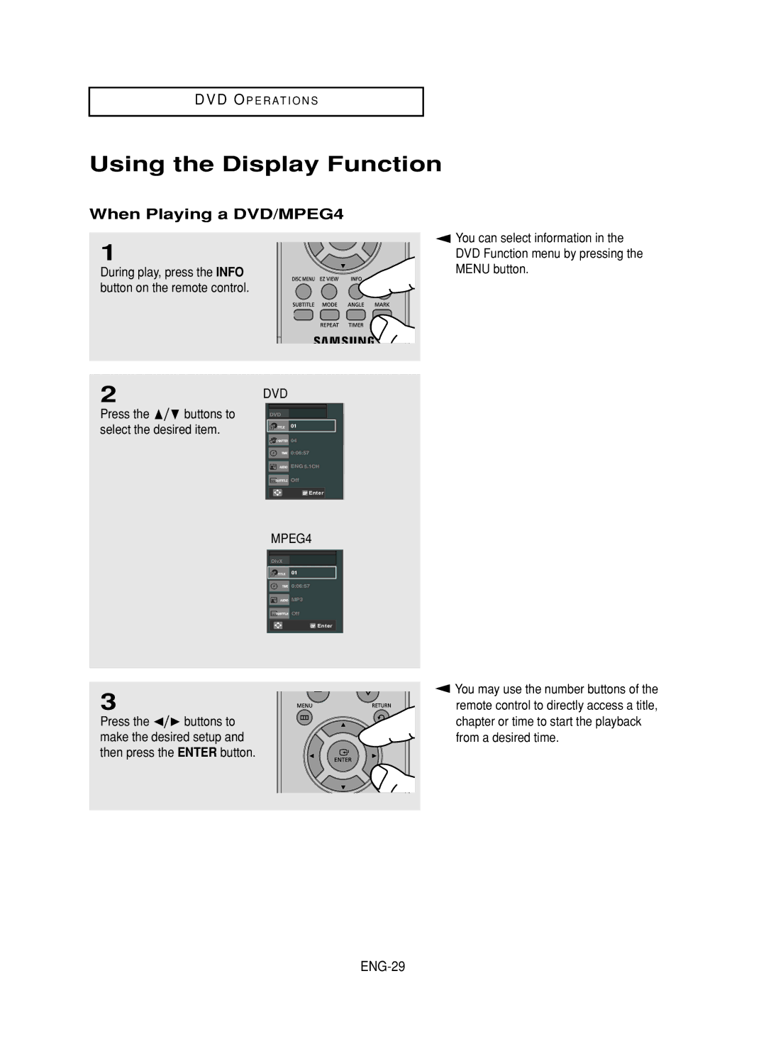 LG Electronics DVD-V9800 instruction manual Using the Display Function, When Playing a DVD/MPEG4, ENG-29 