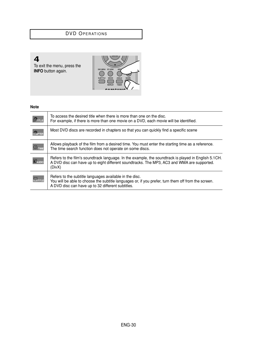 LG Electronics DVD-V9800 instruction manual ENG-30, To exit the menu, press Info button again 